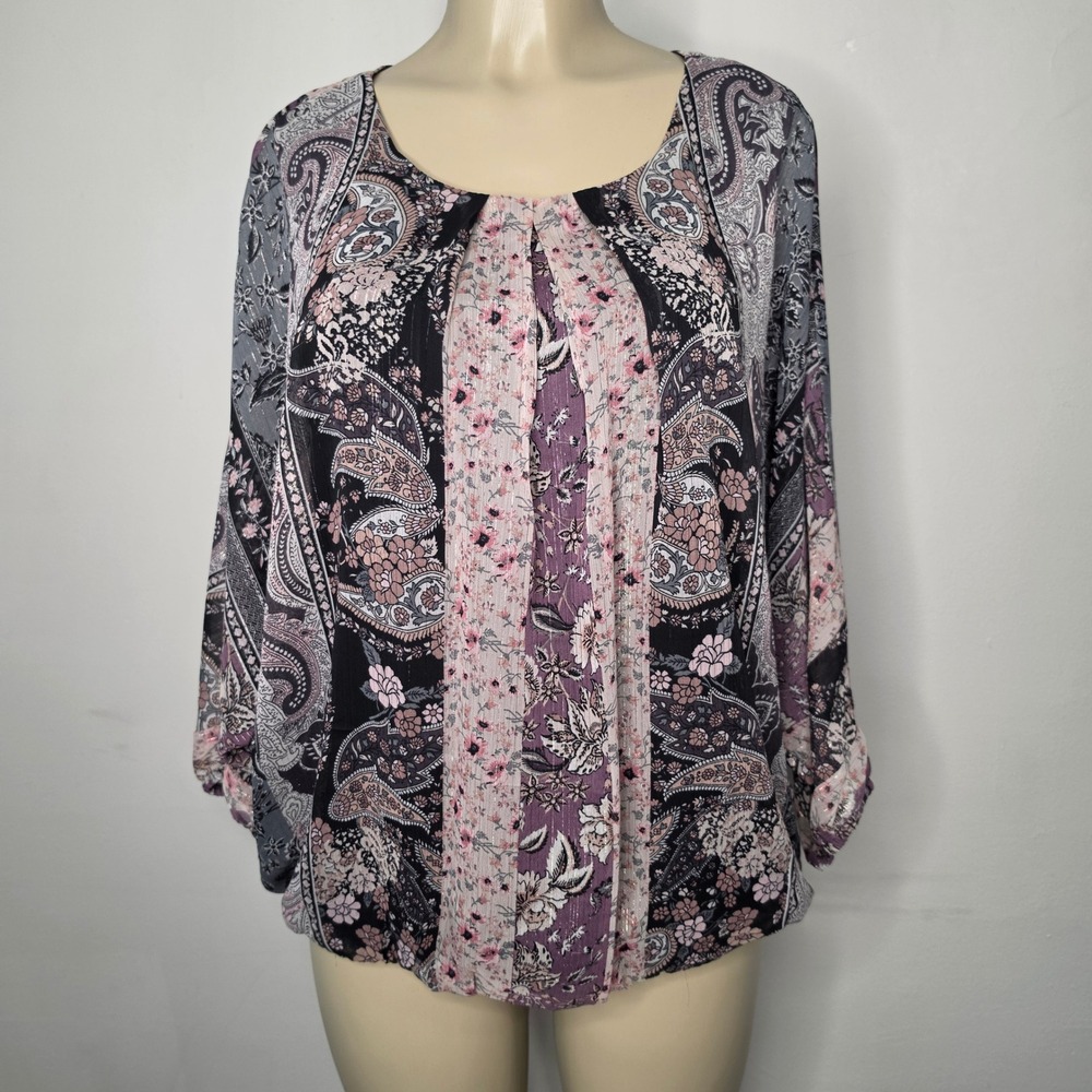 Sara Michelle Blouse Womens XL Purple Paisley Floral Dolman Sleeve Shimmer Top
